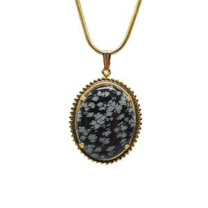 Gold Tone Snake Chain Necklace With Oval Snowflake Obsidian Pendant Vintage